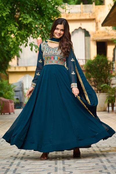 Prazu Fashion Rama Georgette Embroidered Gown With Dupatta