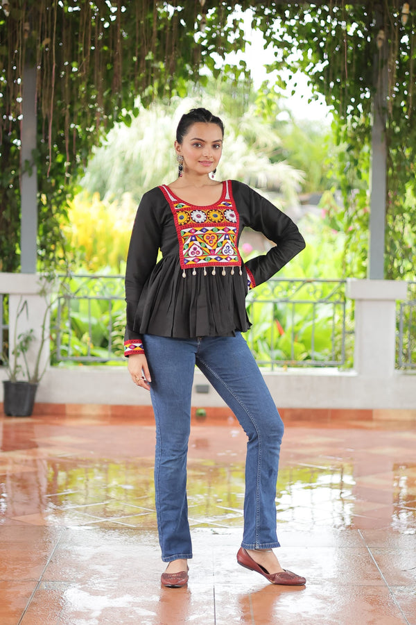 Prazu Fashion Black Roman Silk With Kutchi Gamthi Work Navaratri Top