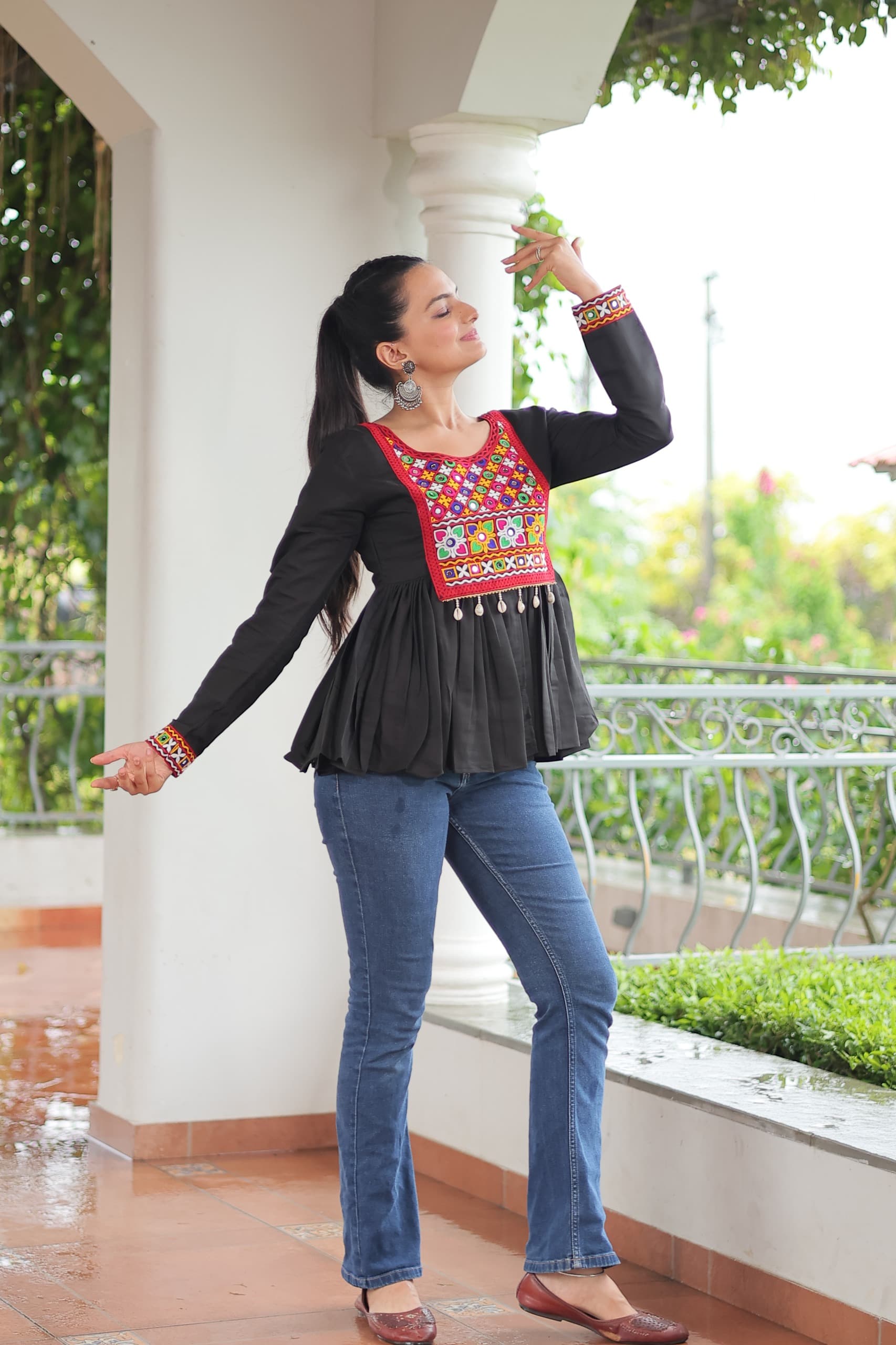 Prazu Fashion Black Roman Silk With Kutchi Gamthi Work Navaratri Top