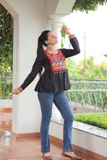 Thumbnail for Prazu Fashion Black Roman Silk With Kutchi Gamthi Work Navaratri Top