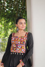 Thumbnail for Prazu Fashion Black Roman Silk With Kutchi Gamthi Work Navaratri Top