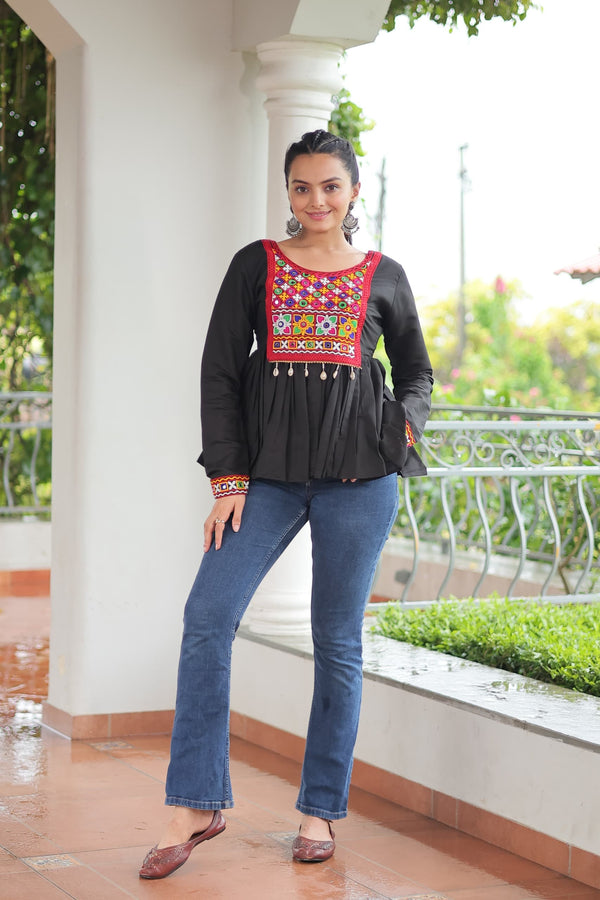 Prazu Fashion Black Roman Silk With Kutchi Gamthi Work Navaratri Top