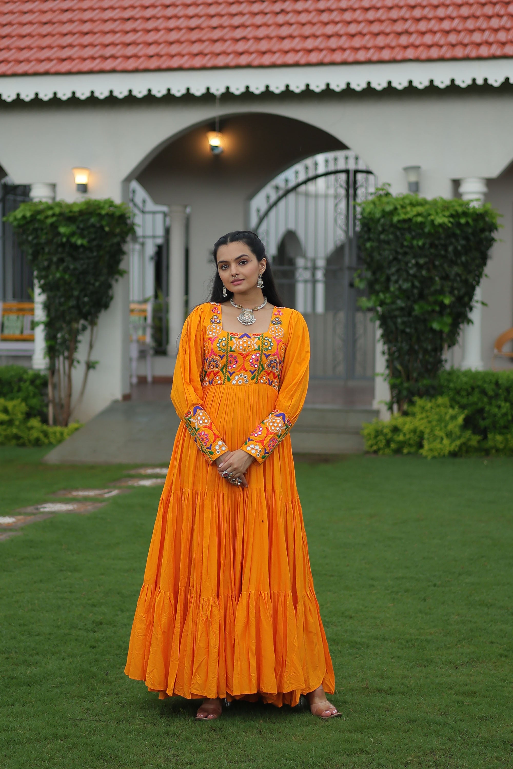 Lorenvalley Fashion Orange Rayon with Kutchi Gamthi Work Gown