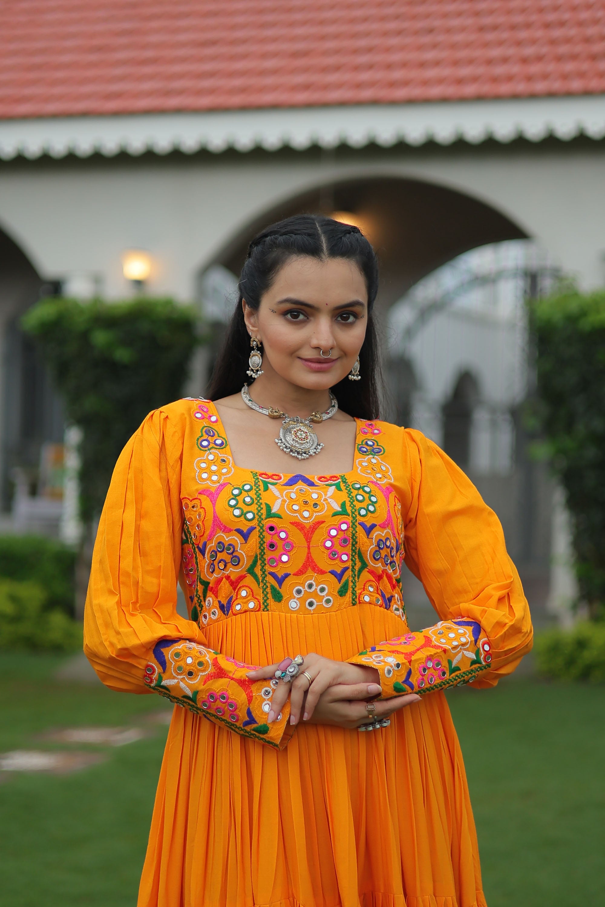 Lorenvalley Fashion Orange Rayon with Kutchi Gamthi Work Gown