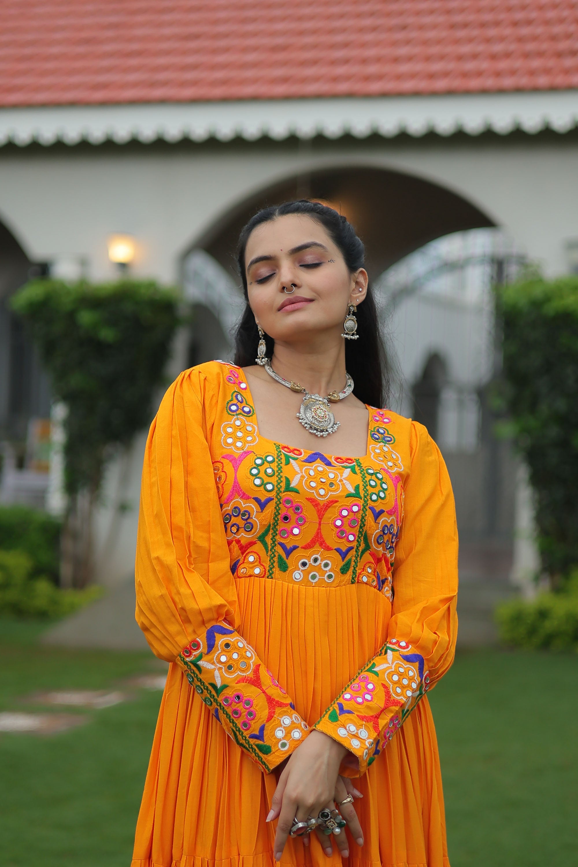 Lorenvalley Fashion Orange Rayon with Kutchi Gamthi Work Gown