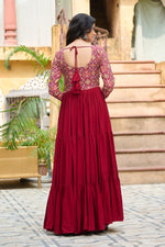 Thumbnail for Lorenvalley Fashion Maroon Rayon Kutchi Gamthi Embroidered Work & Cotton Print Work Gown