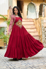Thumbnail for Lorenvalley Fashion Maroon Rayon Kutchi Gamthi Embroidered Work & Cotton Print Work Gown
