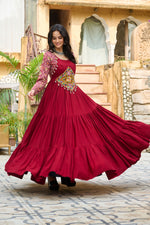 Thumbnail for Lorenvalley Fashion Maroon Rayon Kutchi Gamthi Embroidered Work & Cotton Print Work Gown
