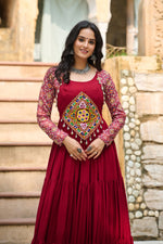 Thumbnail for Lorenvalley Fashion Maroon Rayon Kutchi Gamthi Embroidered Work & Cotton Print Work Gown