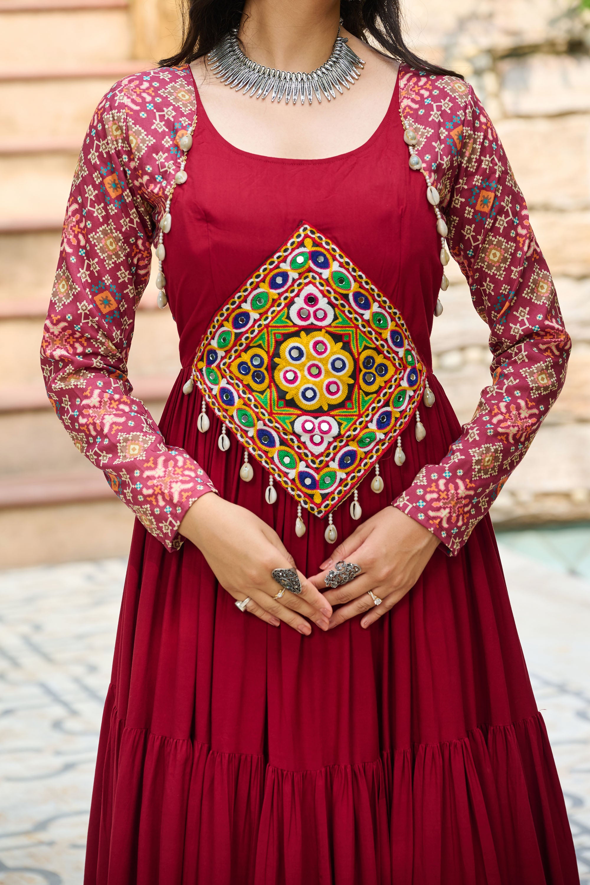 Lorenvalley Fashion Maroon Rayon Kutchi Gamthi Embroidered Work & Cotton Print Work Gown