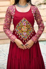 Thumbnail for Lorenvalley Fashion Maroon Rayon Kutchi Gamthi Embroidered Work & Cotton Print Work Gown