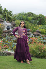 Thumbnail for Lorenvalley Fashion Wine Rayon Kutchi Gamthi Embroidered Work & Cotton Print Work Gown