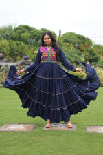 Thumbnail for Prazu Fashion Blue Rayon Kutchi Gamthi Embroidered & Mirror Hand Work Navratri Gown