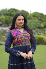 Thumbnail for Prazu Fashion Blue Rayon Kutchi Gamthi Embroidered & Mirror Hand Work Navratri Gown