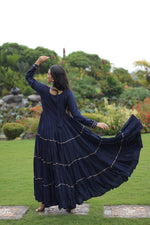 Thumbnail for Prazu Fashion Blue Rayon Kutchi Gamthi Embroidered & Mirror Hand Work Navratri Gown