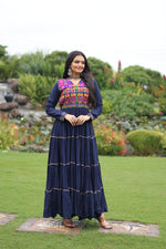 Thumbnail for Prazu Fashion Blue Rayon Kutchi Gamthi Embroidered & Mirror Hand Work Navratri Gown