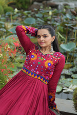 Thumbnail for Lorenvalley Fashion Maroon Rayon Kutchi Gamthi Work Gown