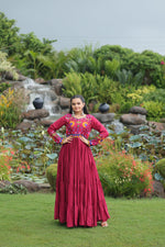 Thumbnail for Lorenvalley Fashion Maroon Rayon Kutchi Gamthi Work Gown