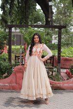 Thumbnail for Lorenvalley Fashion Offwhite Kora Cotton with Multi Thread Embroidered & Gota patti Work Gown