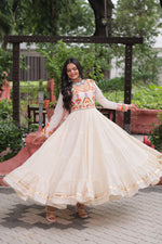 Thumbnail for Lorenvalley Fashion Offwhite Kora Cotton with Multi Thread Embroidered & Gota patti Work Gown