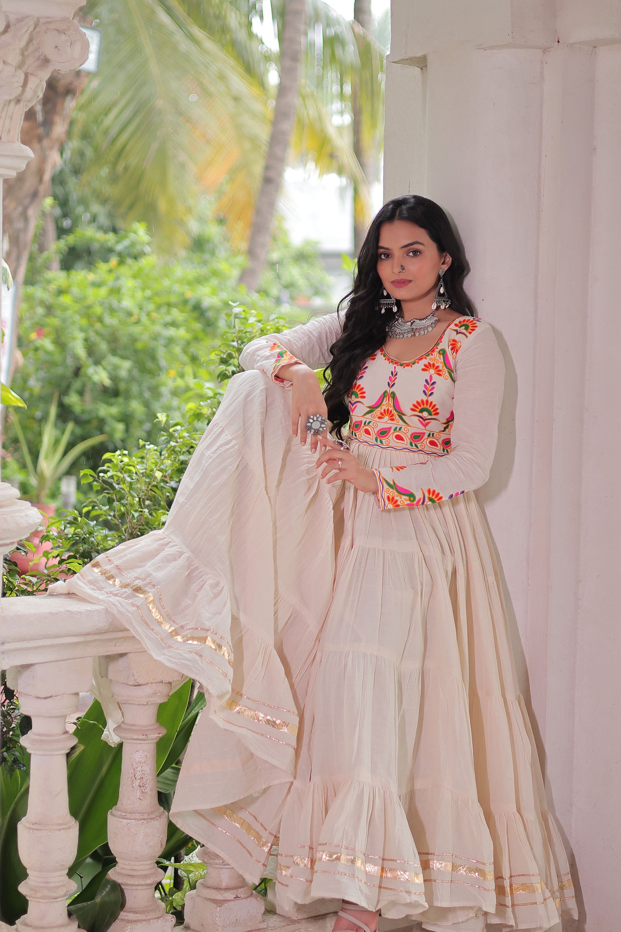 Lorenvalley Fashion Offwhite Kora Cotton with Multi Thread Embroidered & Gota patti Work Gown