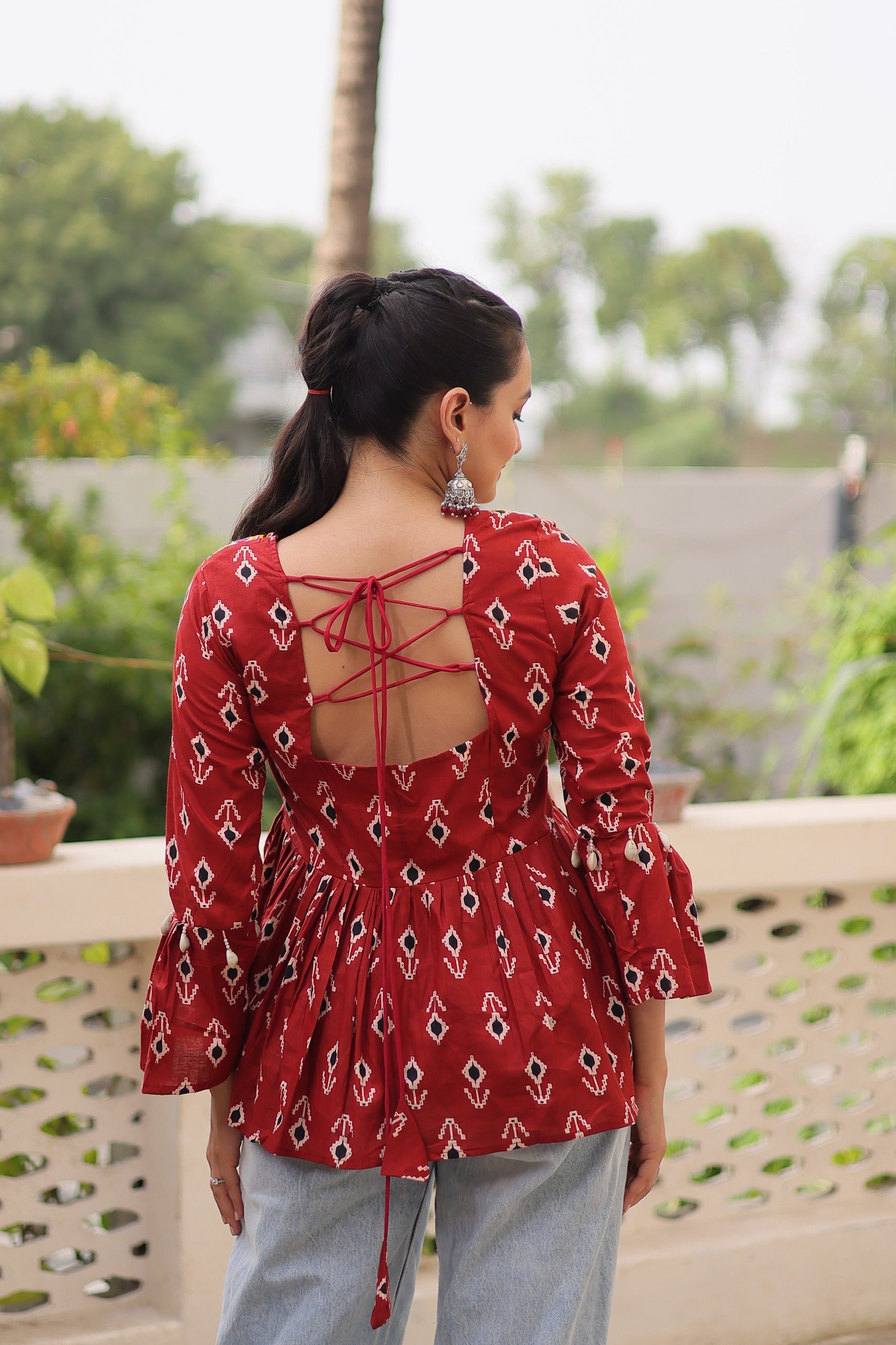 Prazu Fashion Maroon Cotton Print With Kutchi Patchwork Top For Navratri