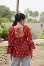 Thumbnail for Prazu Fashion Maroon Cotton Print With Kutchi Patchwork Top For Navratri