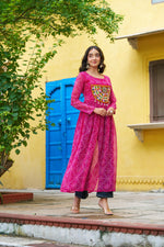 Thumbnail for Prazu Fashion Pink Georgette Bandhej Print With Kutchi Patchwork Kurti For Navratri