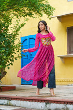 Thumbnail for Prazu Fashion Pink Georgette Bandhej Print With Kutchi Patchwork Kurti For Navratri