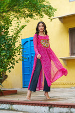 Thumbnail for Prazu Fashion Pink Georgette Bandhej Print With Kutchi Patchwork Kurti For Navratri