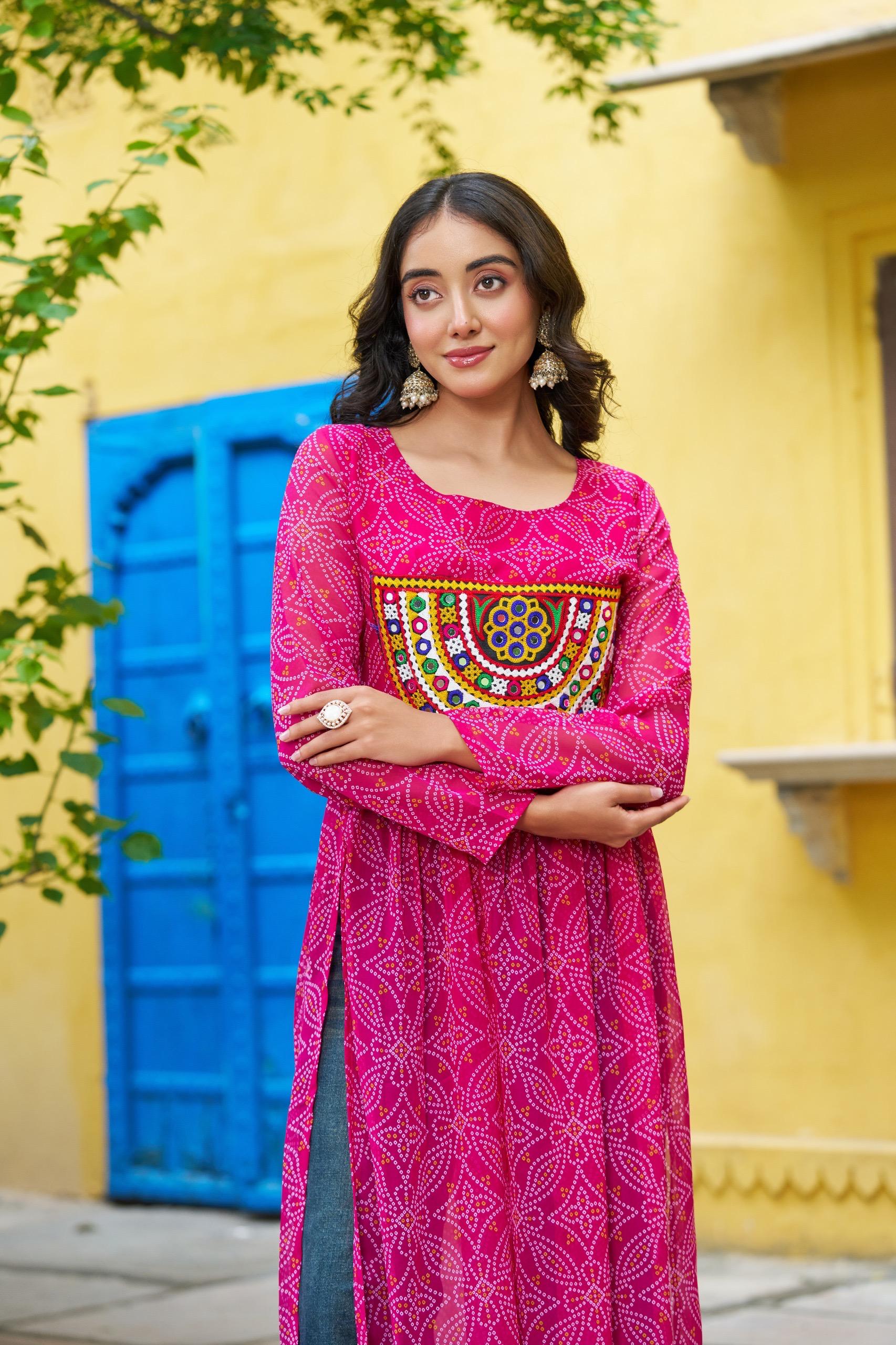 Prazu Fashion Pink Georgette Bandhej Print With Kutchi Patchwork Kurti For Navratri