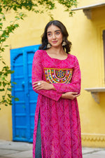 Thumbnail for Prazu Fashion Pink Georgette Bandhej Print With Kutchi Patchwork Kurti For Navratri