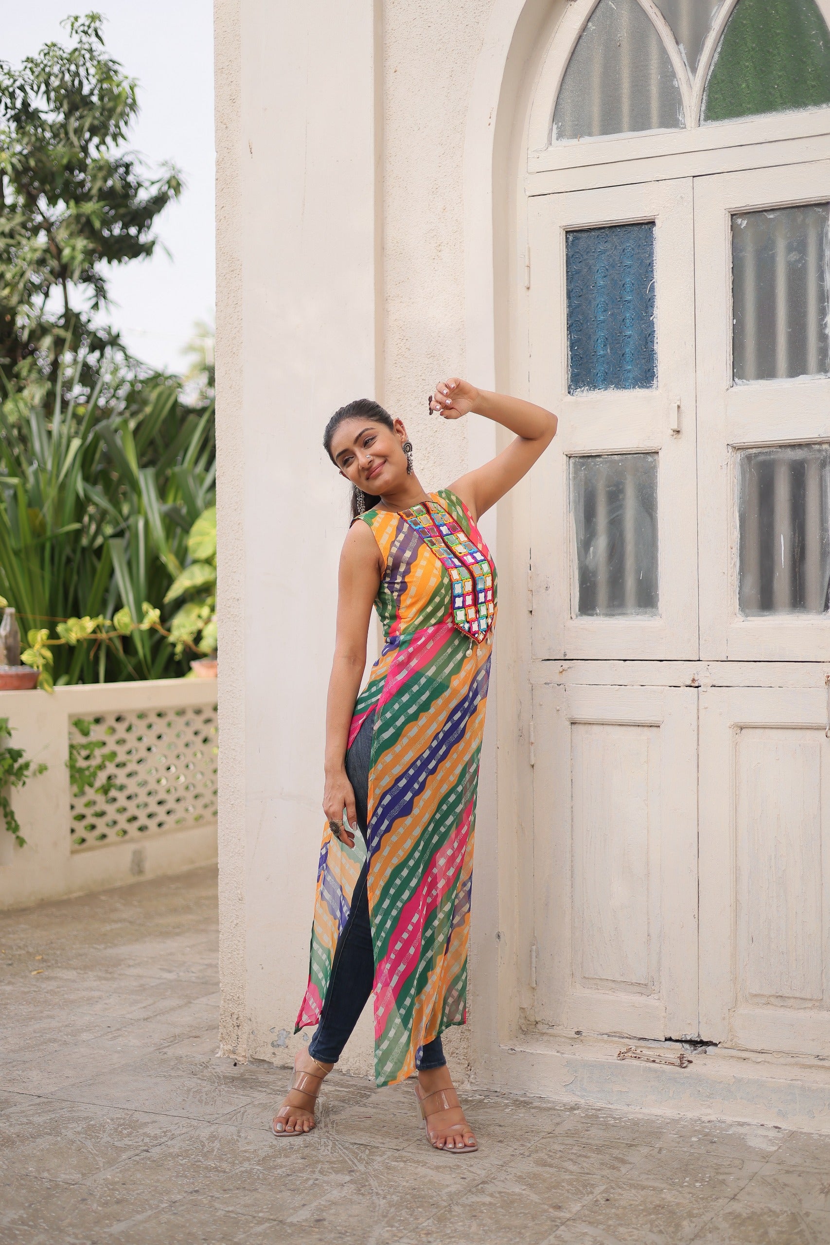 Prazu Fashion Multi Georgette Kutchi Gamthi Mirror Codi Work Kurti For Navratri