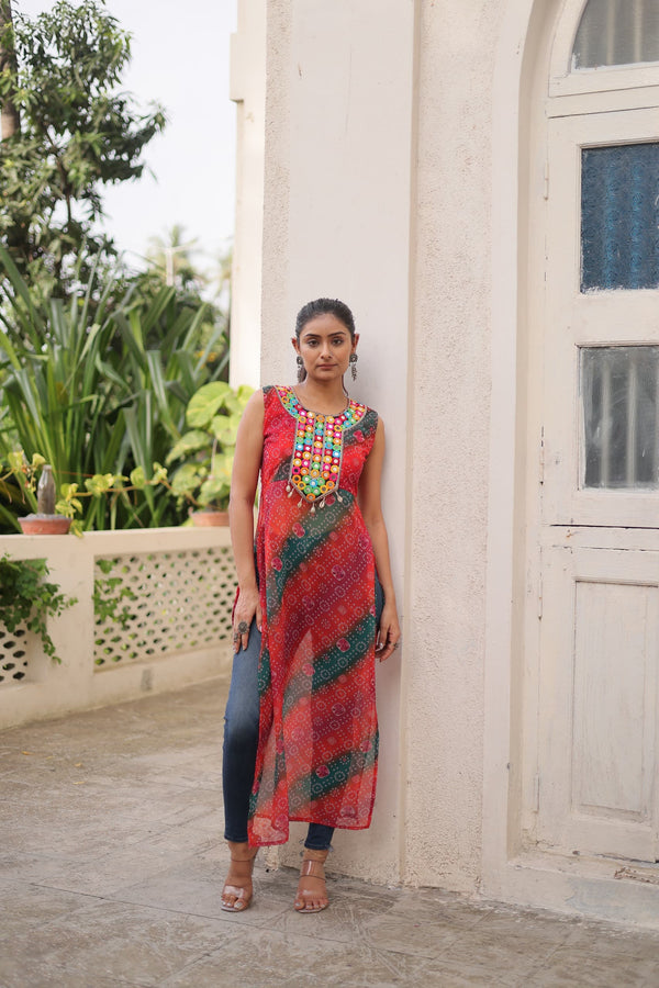 Prazu Fashion Red Georgette Kutchi Gamthi Mirror Codi Work Kurti For Navratri