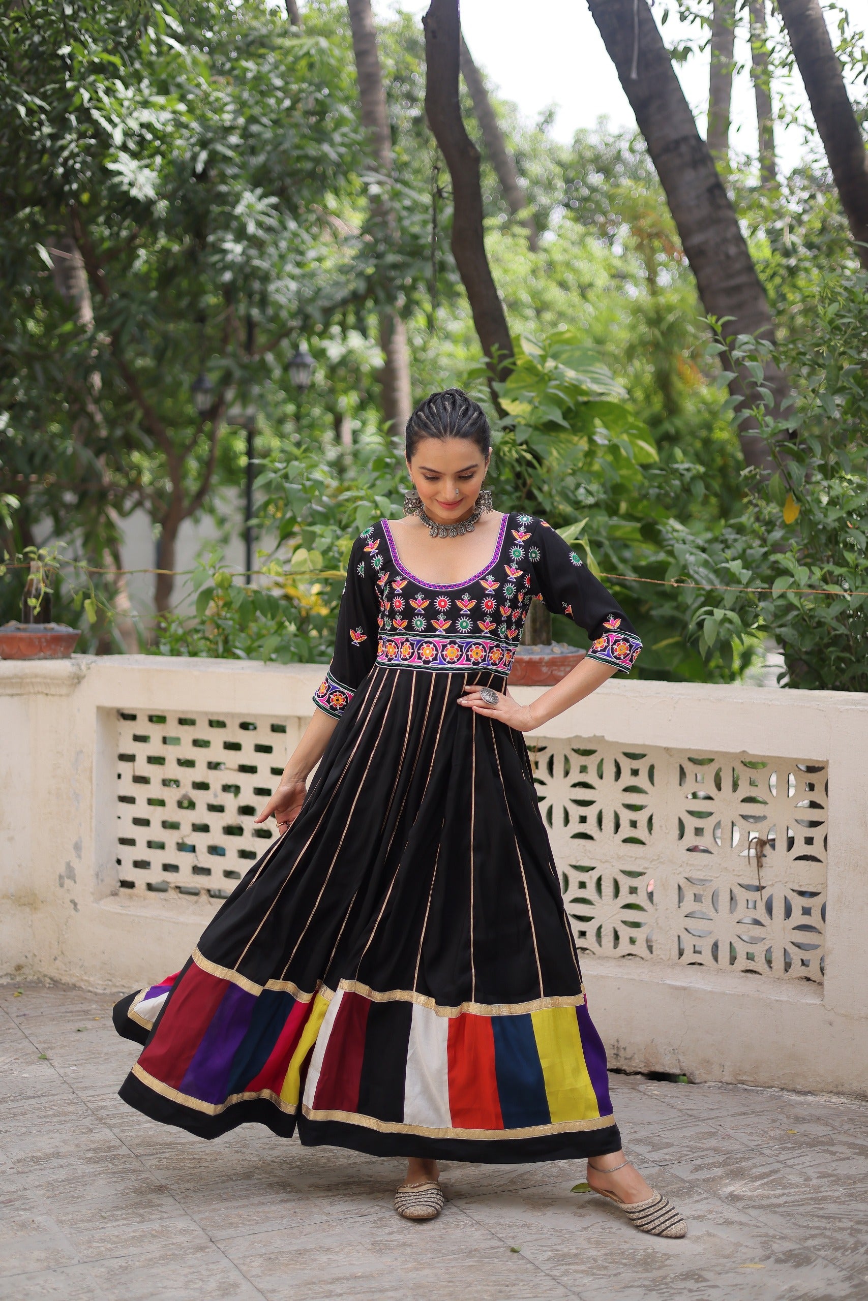 Prazu Fashion Black Roman Multicolour Thread Work & Gota Lace Gown For Navratri