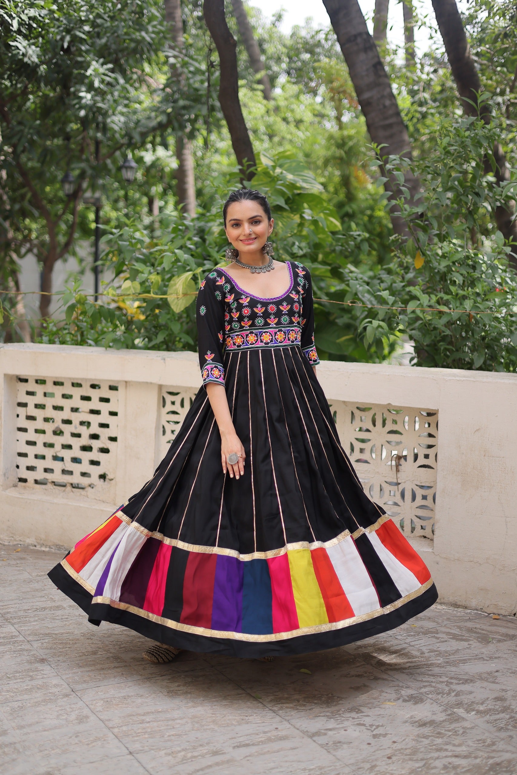 Prazu Fashion Black Roman Multicolour Thread Work & Gota Lace Gown For Navratri