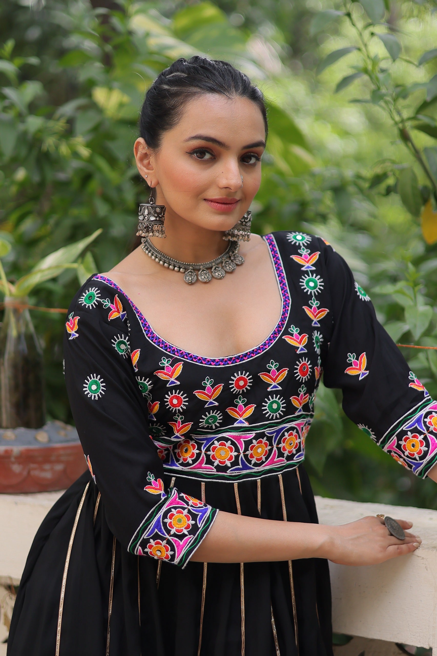 Prazu Fashion Black Roman Multicolour Thread Work & Gota Lace Gown For Navratri