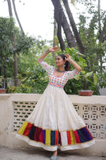 Thumbnail for Prazu Fashion Off White Roman Multicolour Thread Work & Gota Lace Gown For Navratri