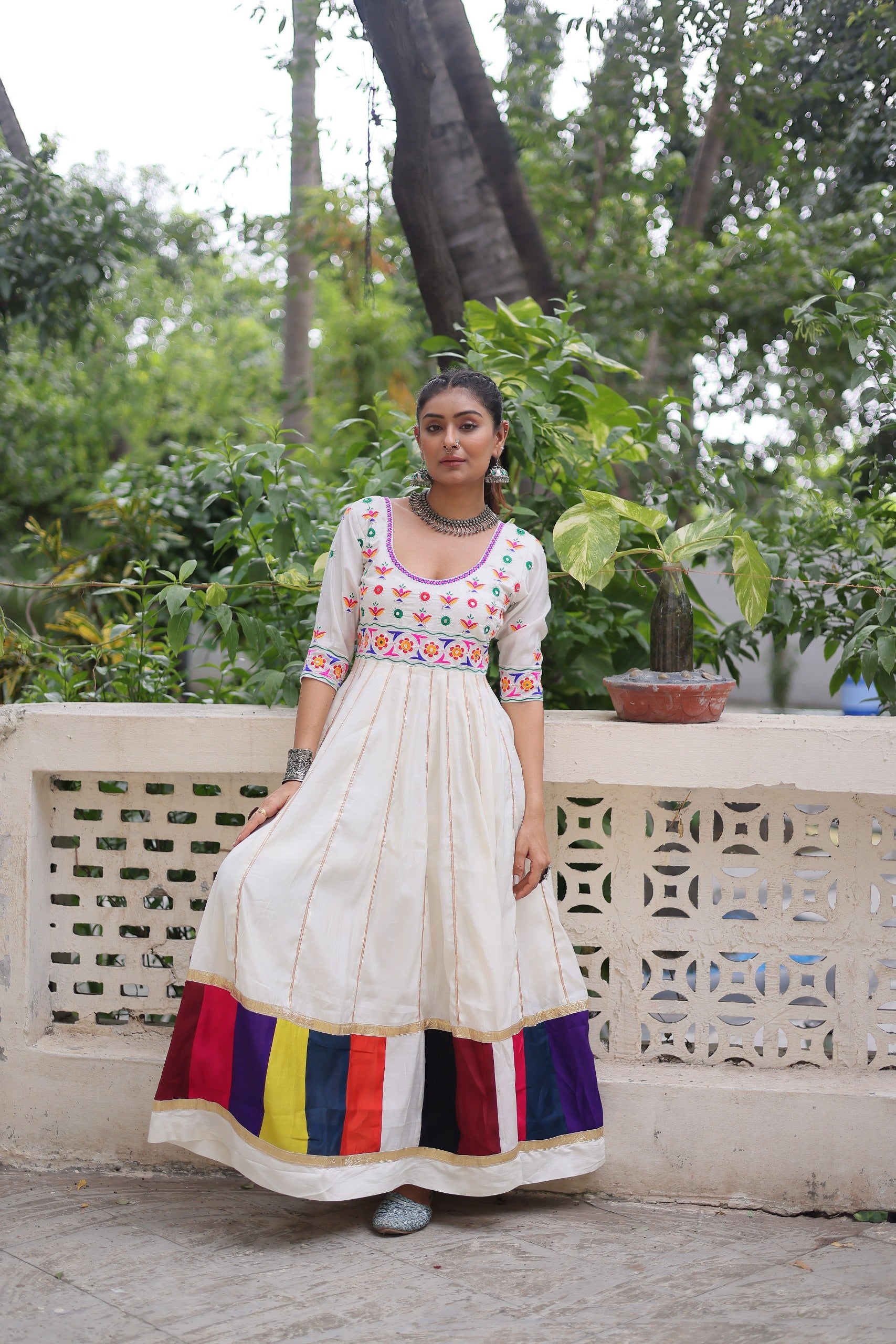 Prazu Fashion Off White Roman Multicolour Thread Work & Gota Lace Gown For Navratri