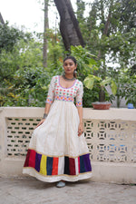 Thumbnail for Prazu Fashion Off White Roman Multicolour Thread Work & Gota Lace Gown For Navratri