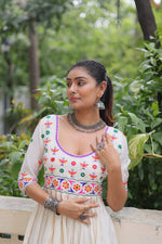 Thumbnail for Prazu Fashion Off White Roman Multicolour Thread Work & Gota Lace Gown For Navratri