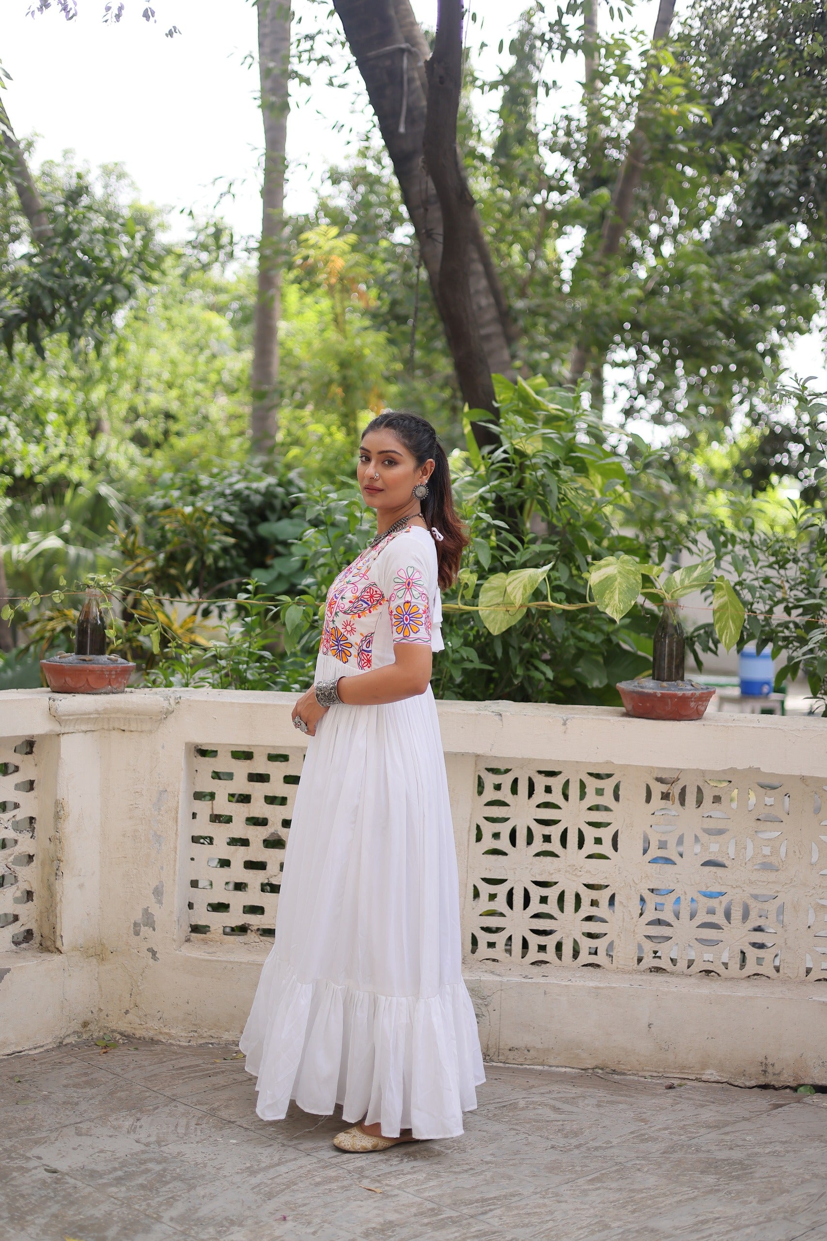 Prazu Fashion Off White Rayon With Kutchi Gamthi Embroidered Gown For Navratri