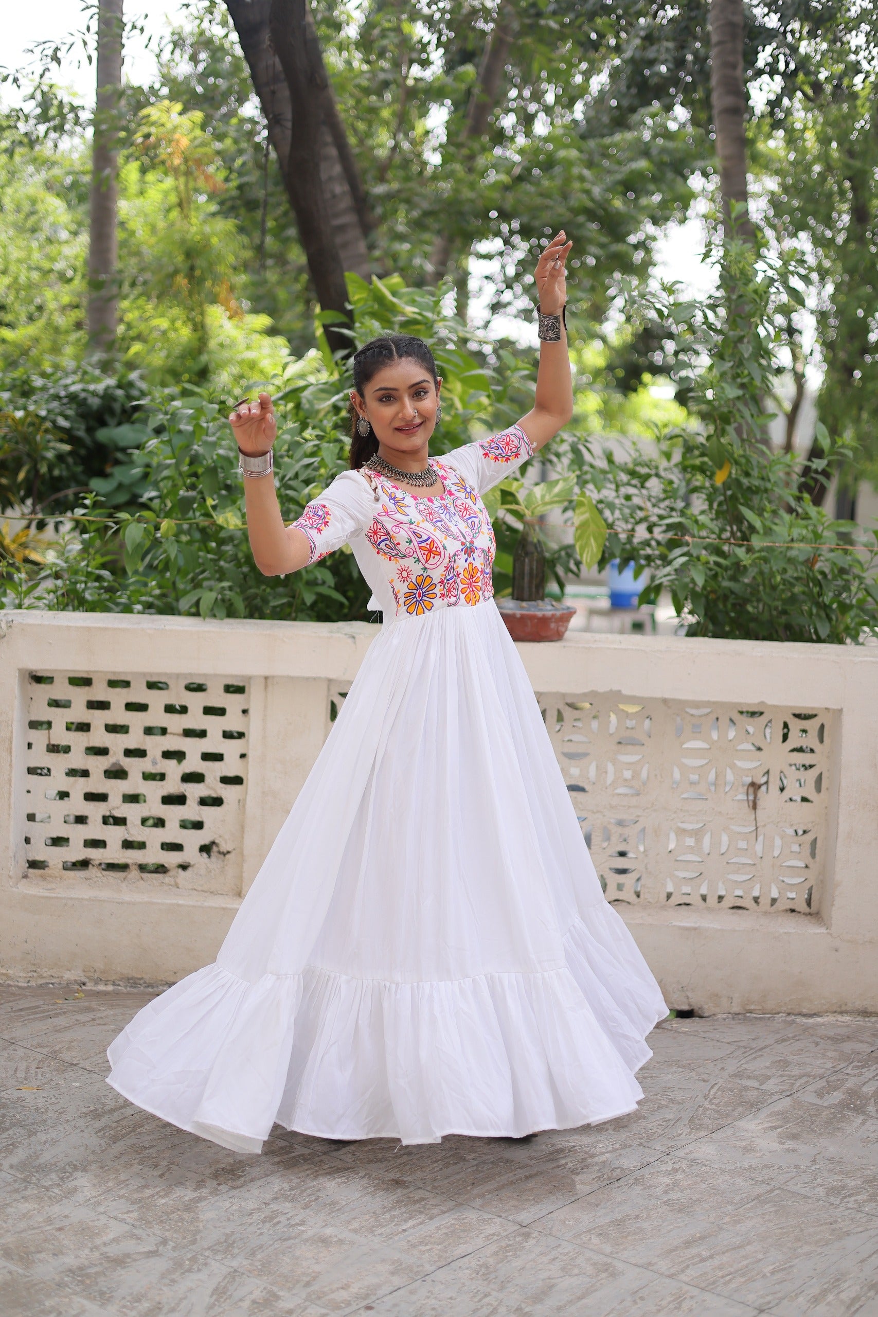 Prazu Fashion Off White Rayon With Kutchi Gamthi Embroidered Gown For Navratri