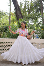 Thumbnail for Prazu Fashion Off White Rayon With Kutchi Gamthi Embroidered Gown For Navratri