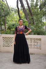 Thumbnail for Lorenvalley Fashion Black Rayon with Kutchi Gamthi Embroidered Thread Work Gown