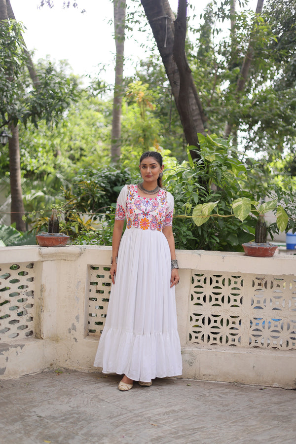 Prazu Fashion Off White Rayon With Kutchi Gamthi Embroidered Gown For Navratri