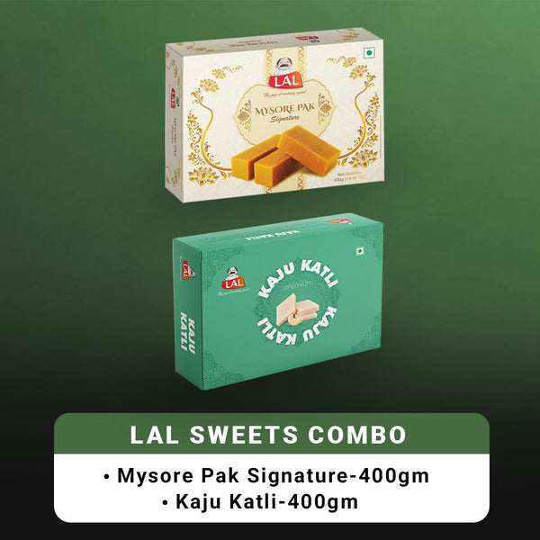 Lal Sweets Combo Pack - Mysore Pak Signature 400Gm And Kaju Katli 400 Gm Gift Pack | Desi Cow Ghee Indian Sweets | Mithai Box - Distacart