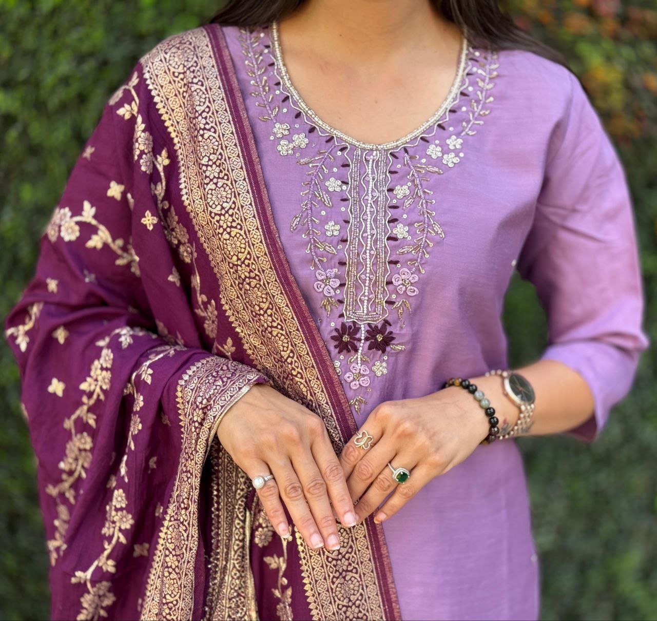 Lorenvalley Fashion Lavender Roman Silk Hand Work Kurta Pant with Dupatta