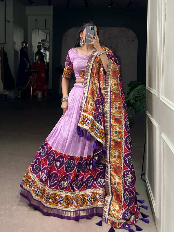 Lorenvalley Fashion Lavender Tasar Silk Print with Foil Work and Real Mirror Gamthi Work with Lace Touch Up Lehenga Choli with Dupatta
