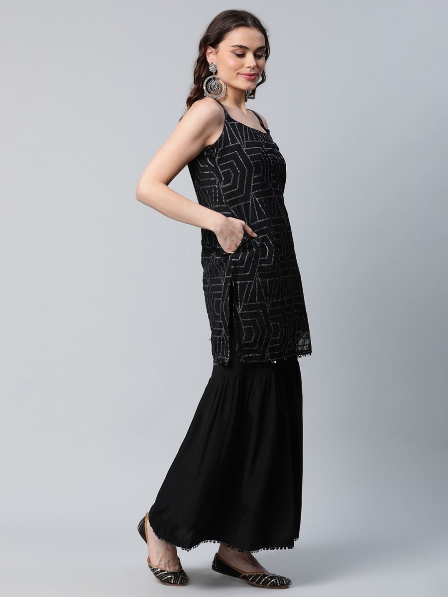 Ahalyaa Women Black Net Glitter Print Short Kurti With Sharara Dupatta Set - Distacart